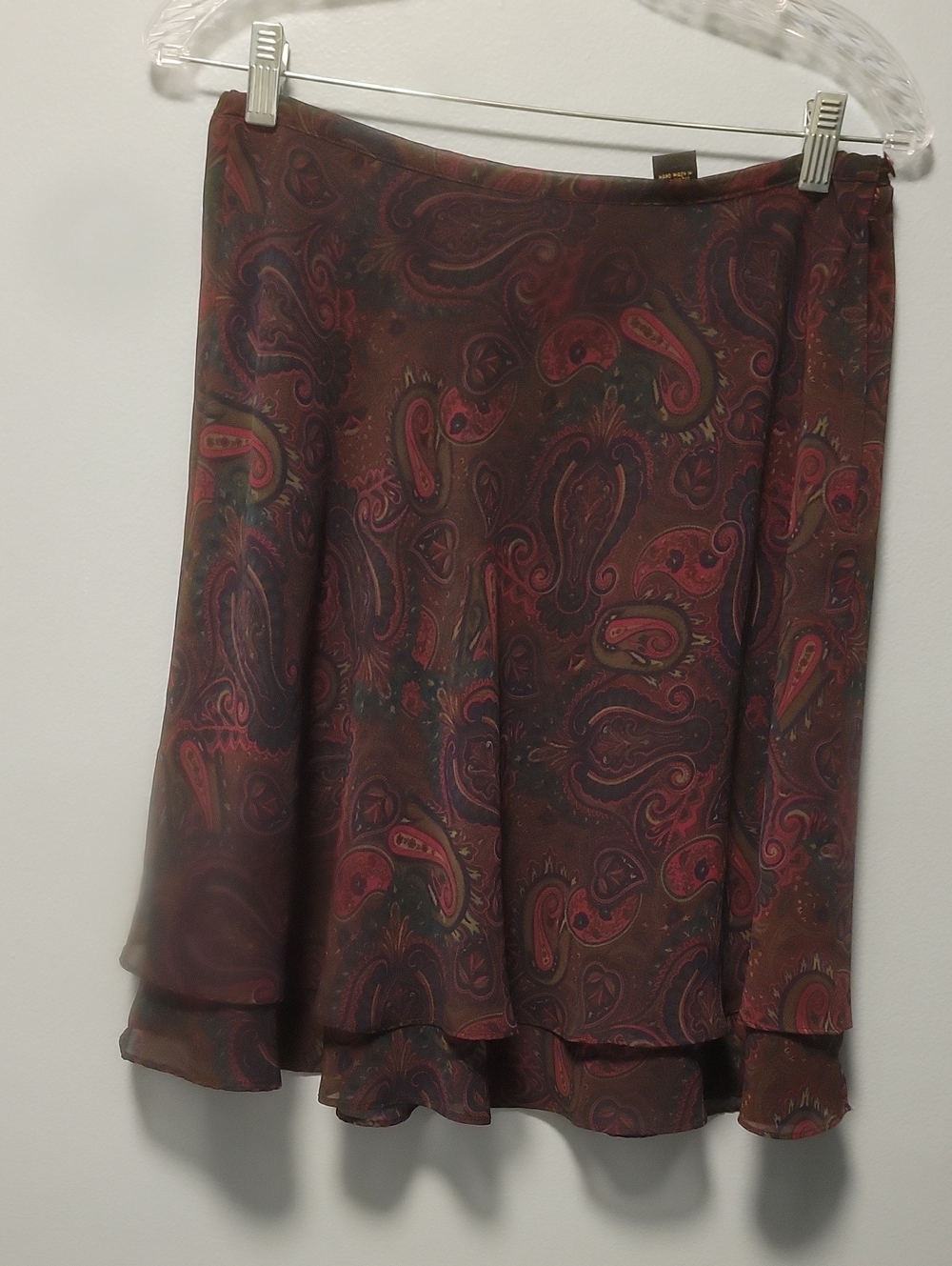 Express Paisley Tiered A-Line Skirt in Burgundy and Maroon